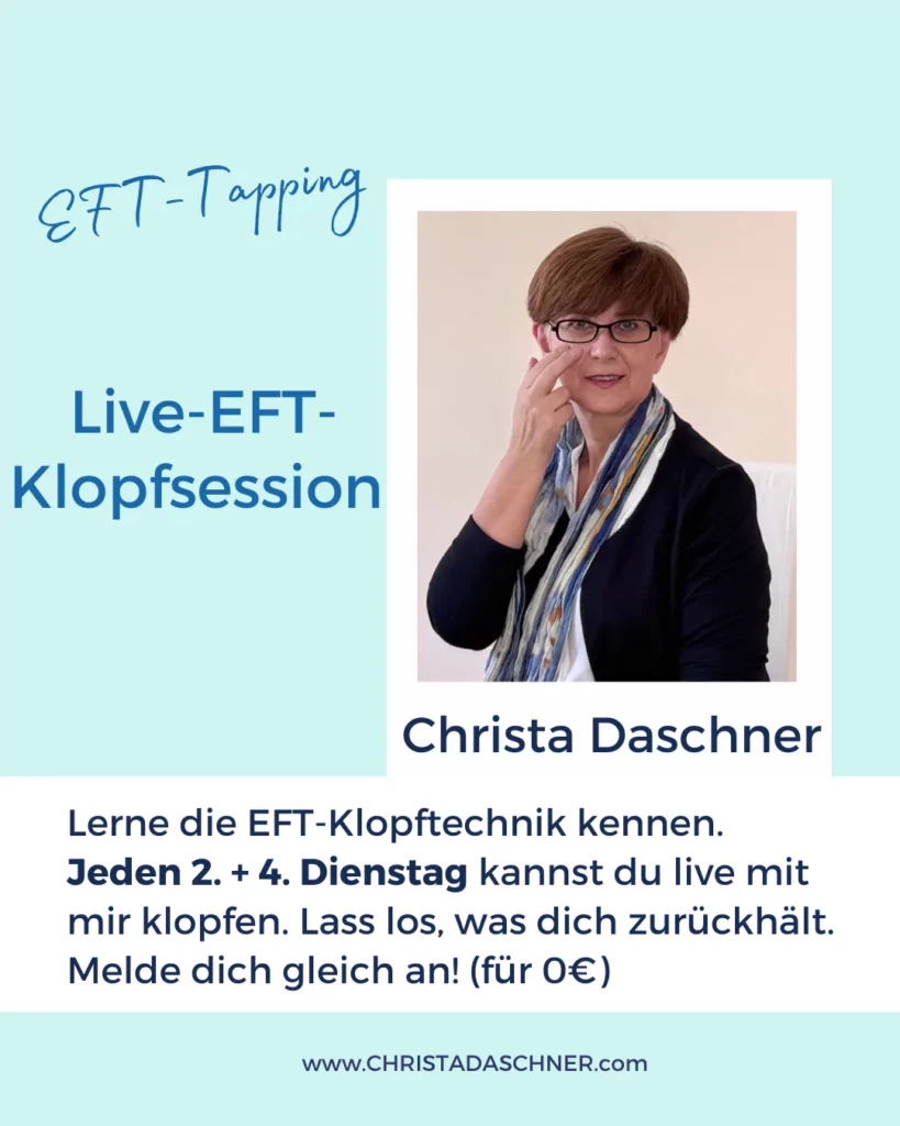 Melde dich an zur Live-Klopfgruppe für 0€ mit Christa Daschner. Lerne EFT kennen.