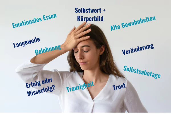 Junge Frau fasst sich an die Stirn und ist umgeben von emotionalen Blockaden - christa daschner