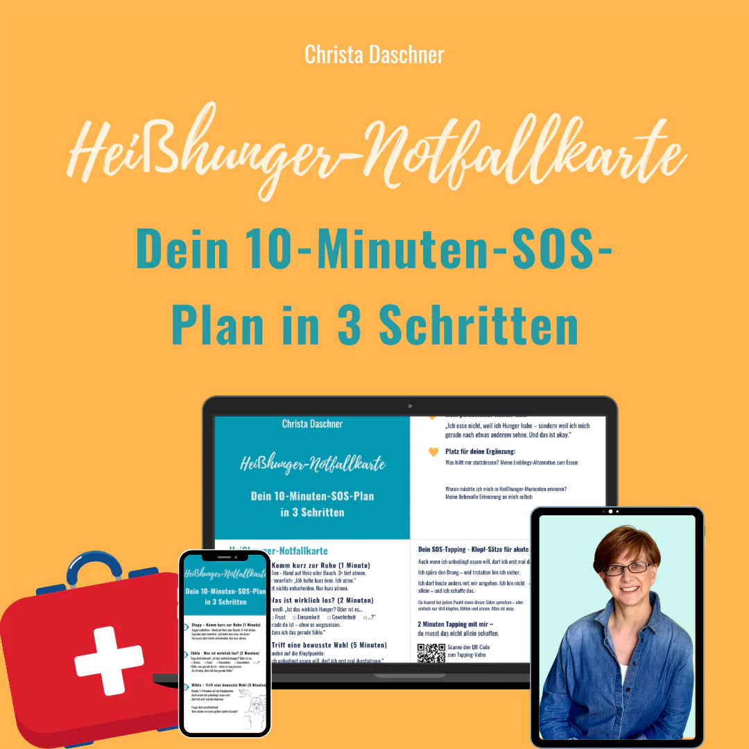 Heißhunger sofort stoppen mit dem SOS-Plan, Darstellung der Heißhunger-Notfallkarte und Bild von Christa Daschner