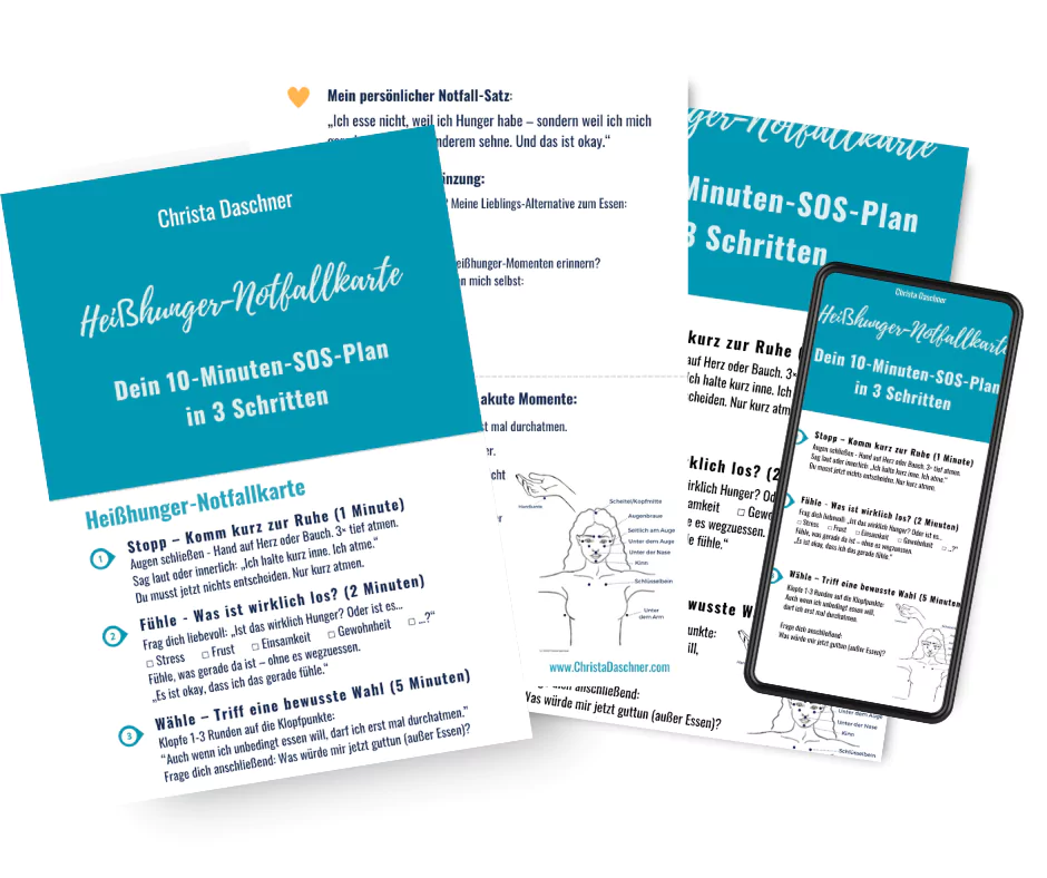 Heißhunger sofort stoppen: Darstellung der Notfallkarte in verschiedenen Varianten als Papier oder Handybildschirm