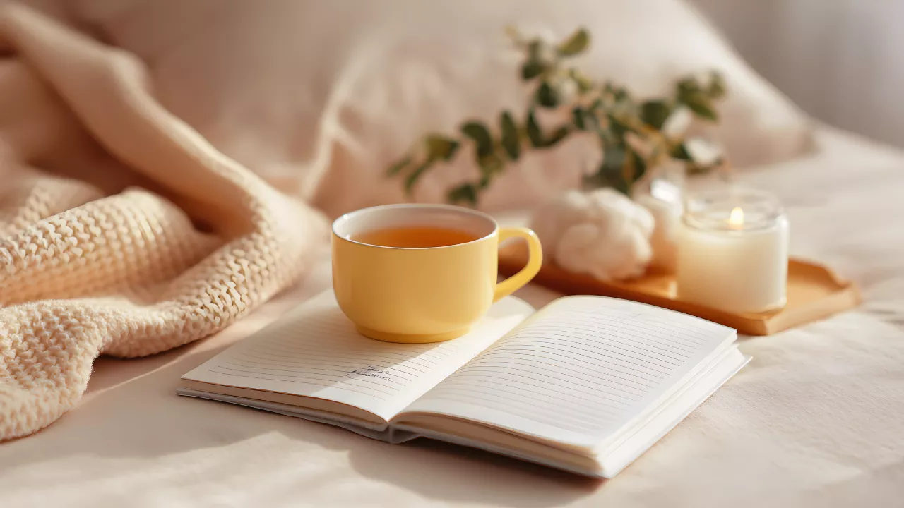 Journal mit Teetasse, Decke und Kerze