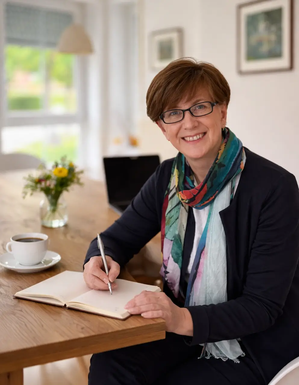 Christa Daschner am Tisch mit Notizbuch und Stift - ich höre zu - heisshunger verstehen