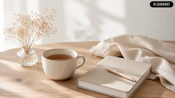 70-heisshunger-verstehen Vase mit Tasse, Notizbuch und Decke, um essen ohne hunger zu verstehen