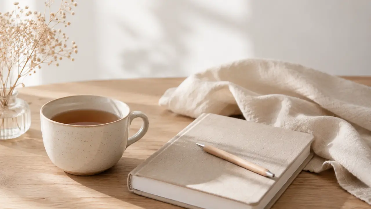 Notizbuch, Kaffeetasse, gemütliche Szene